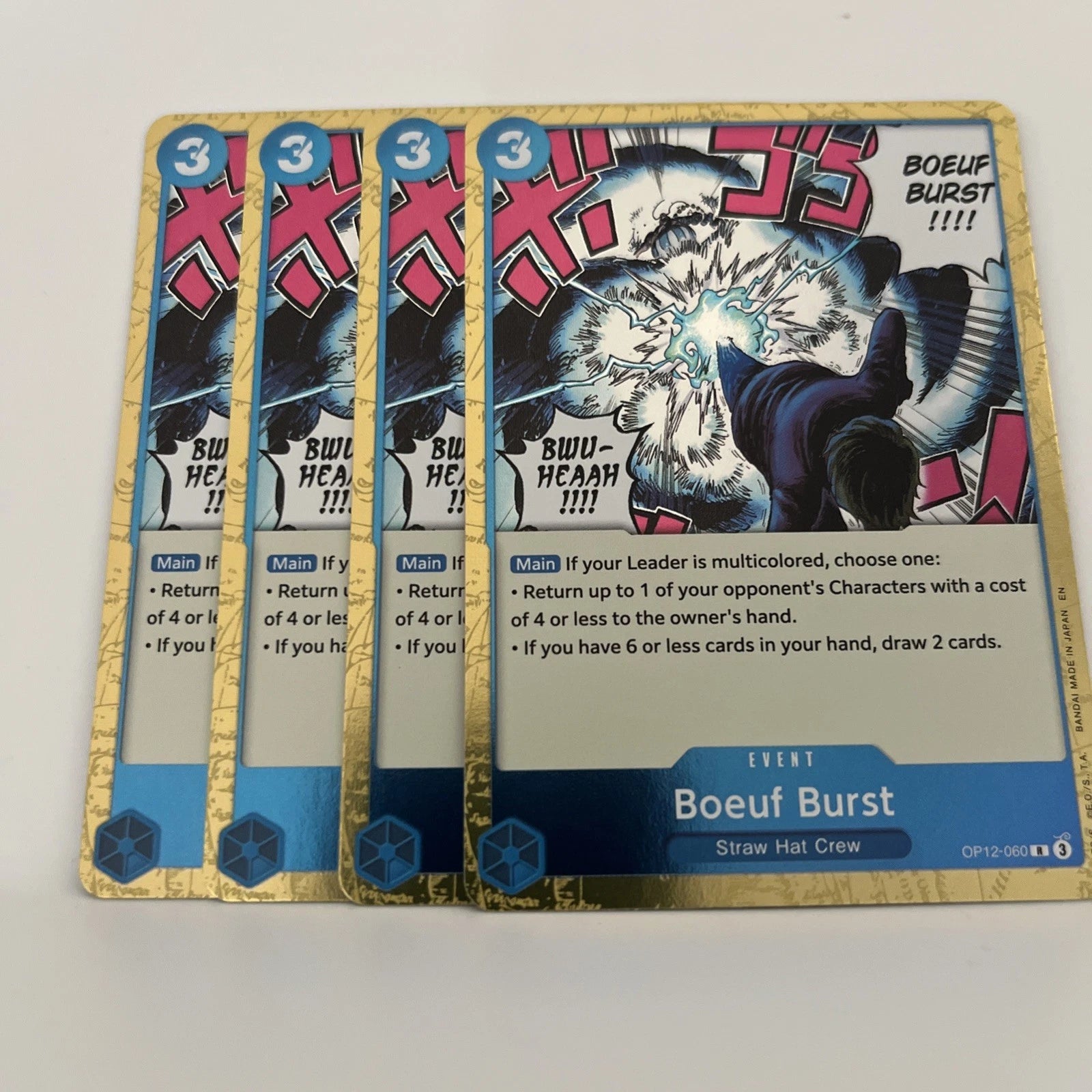 4x OP12-060 Boeuf Burst R Playset- One Piece Card Game Legacy of the Master